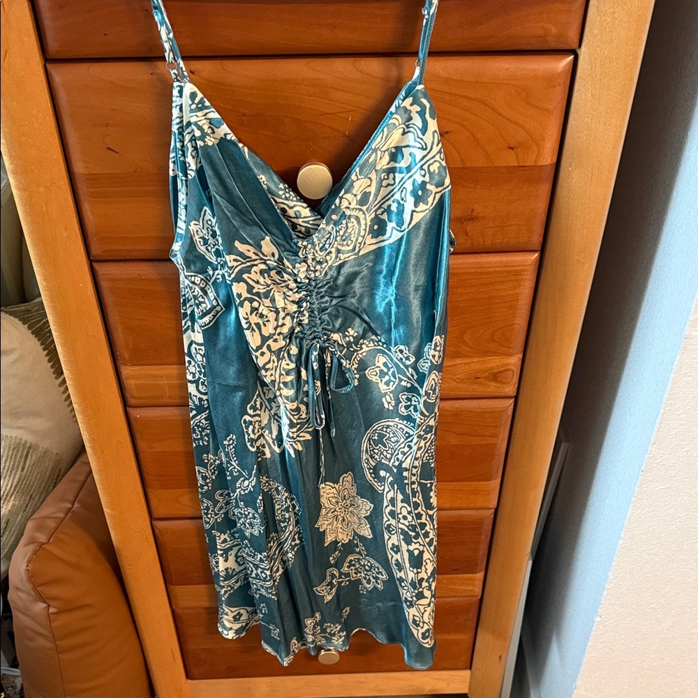 Zara Teal and White Paisley Satin Slip Dress